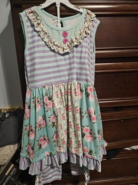 Girls Floral Patchwork Ruffle Top And Pants- Mint, Lavender & Pink